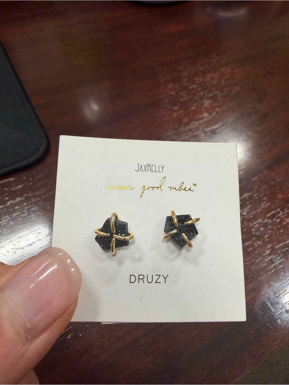 Jaxkelly Black Druzy Gold-Trim Stud Earrings